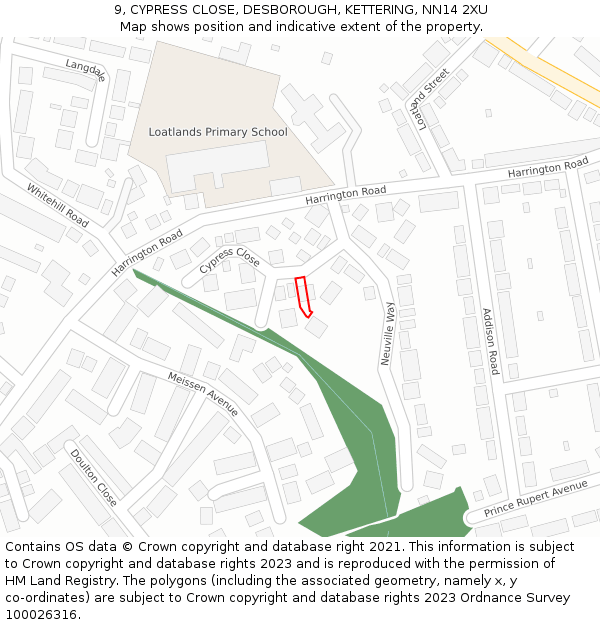 9, CYPRESS CLOSE, DESBOROUGH, KETTERING, NN14 2XU: Location map and indicative extent of plot