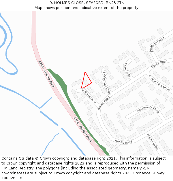 9, HOLMES CLOSE, SEAFORD, BN25 2TN: Location map and indicative extent of plot