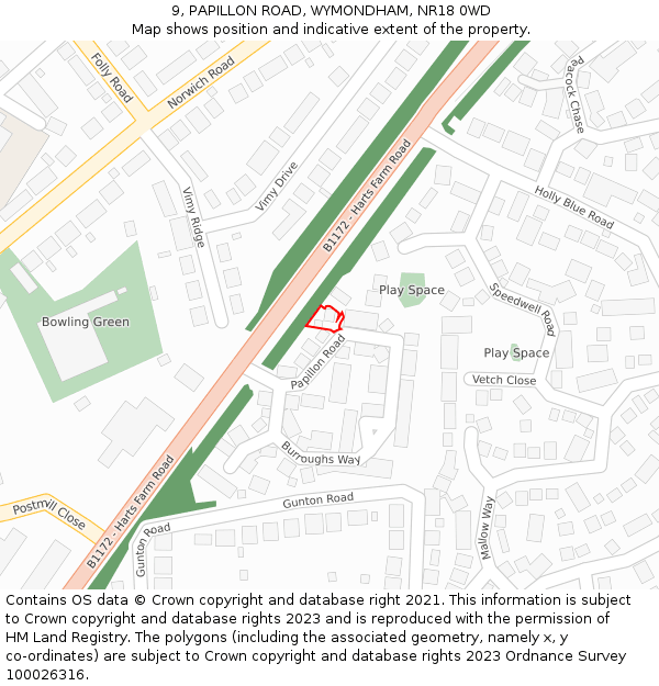 9, PAPILLON ROAD, WYMONDHAM, NR18 0WD: Location map and indicative extent of plot