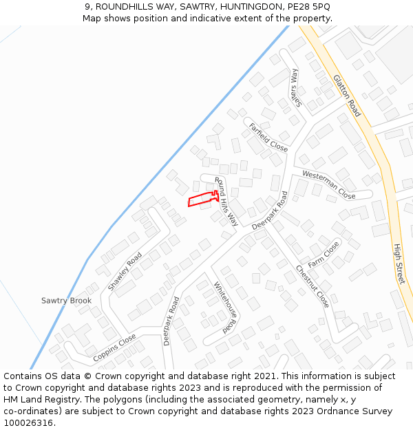 9, ROUNDHILLS WAY, SAWTRY, HUNTINGDON, PE28 5PQ: Location map and indicative extent of plot