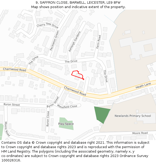 9, SAFFRON CLOSE, BARWELL, LEICESTER, LE9 8FW: Location map and indicative extent of plot