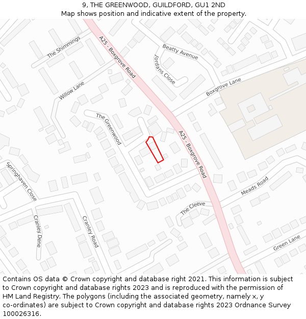 9, THE GREENWOOD, GUILDFORD, GU1 2ND: Location map and indicative extent of plot