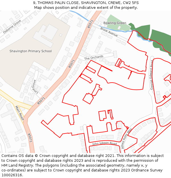 9, THOMAS PALIN CLOSE, SHAVINGTON, CREWE, CW2 5FS: Location map and indicative extent of plot