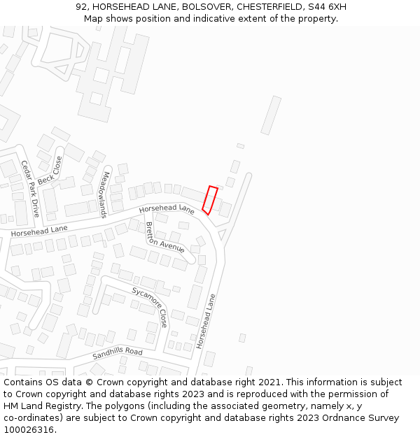 92, HORSEHEAD LANE, BOLSOVER, CHESTERFIELD, S44 6XH: Location map and indicative extent of plot