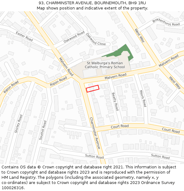 93, CHARMINSTER AVENUE, BOURNEMOUTH, BH9 1RU: Location map and indicative extent of plot