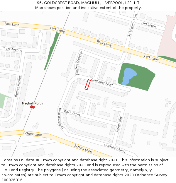 96, GOLDCREST ROAD, MAGHULL, LIVERPOOL, L31 1LT: Location map and indicative extent of plot