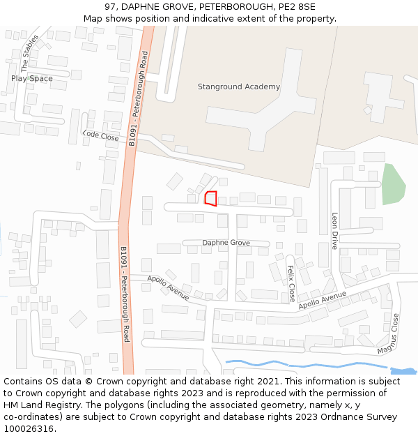 97, DAPHNE GROVE, PETERBOROUGH, PE2 8SE: Location map and indicative extent of plot