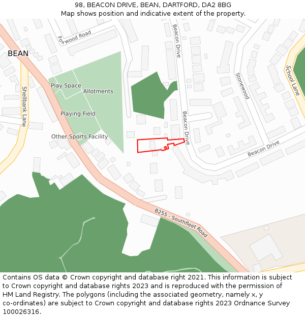 98, BEACON DRIVE, BEAN, DARTFORD, DA2 8BG: Location map and indicative extent of plot