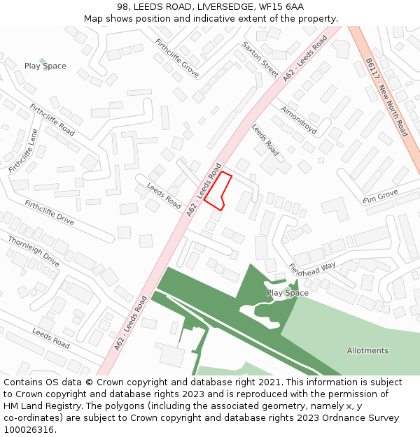 98, LEEDS ROAD, LIVERSEDGE, WF15 6AA: Location map and indicative extent of plot