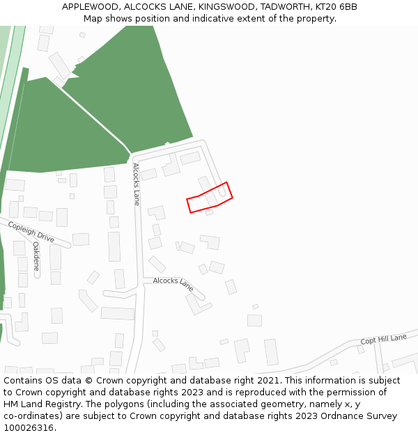 APPLEWOOD, ALCOCKS LANE, KINGSWOOD, TADWORTH, KT20 6BB: Location map and indicative extent of plot