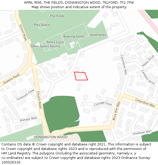 APRIL RISE, THE FIELDS, DONNINGTON WOOD, TELFORD, TF2 7PW: Location map and indicative extent of plot