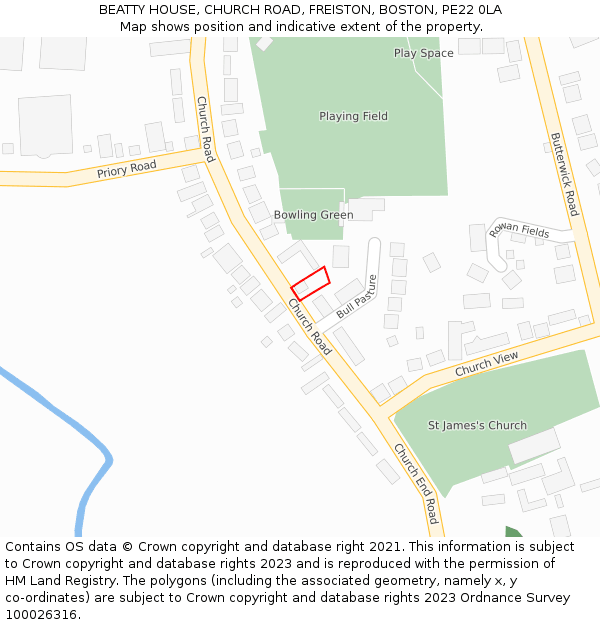 BEATTY HOUSE, CHURCH ROAD, FREISTON, BOSTON, PE22 0LA: Location map and indicative extent of plot