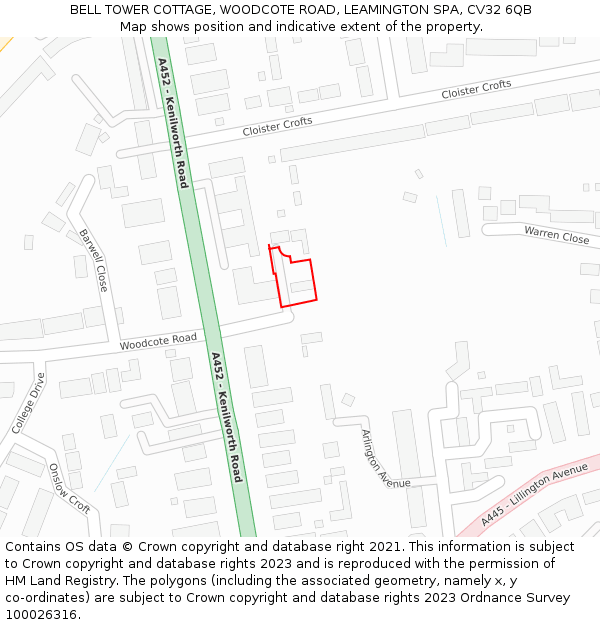 BELL TOWER COTTAGE, WOODCOTE ROAD, LEAMINGTON SPA, CV32 6QB: Location map and indicative extent of plot