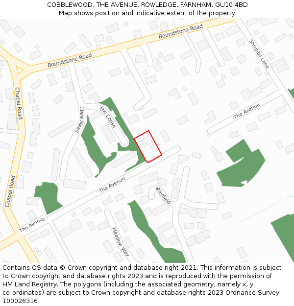 COBBLEWOOD, THE AVENUE, ROWLEDGE, FARNHAM, GU10 4BD: Location map and indicative extent of plot