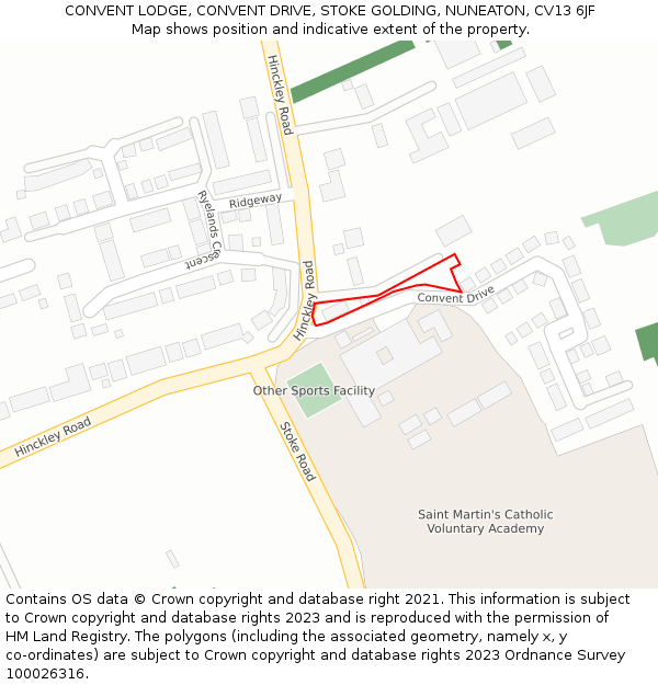 CONVENT LODGE, CONVENT DRIVE, STOKE GOLDING, NUNEATON, CV13 6JF: Location map and indicative extent of plot