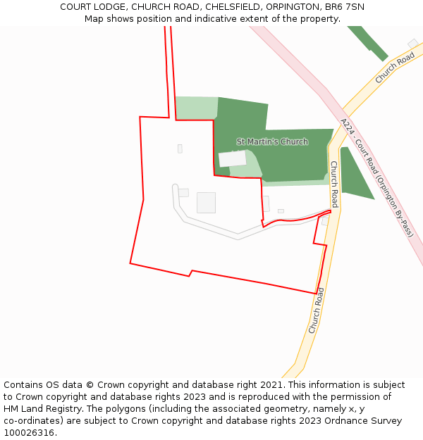 COURT LODGE, CHURCH ROAD, CHELSFIELD, ORPINGTON, BR6 7SN: Location map and indicative extent of plot