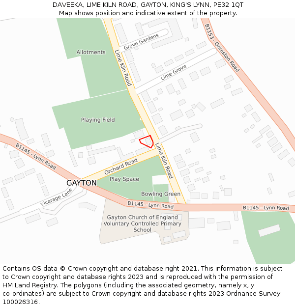 DAVEEKA, LIME KILN ROAD, GAYTON, KING'S LYNN, PE32 1QT: Location map and indicative extent of plot