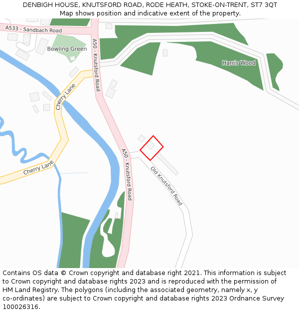 DENBIGH HOUSE, KNUTSFORD ROAD, RODE HEATH, STOKE-ON-TRENT, ST7 3QT: Location map and indicative extent of plot