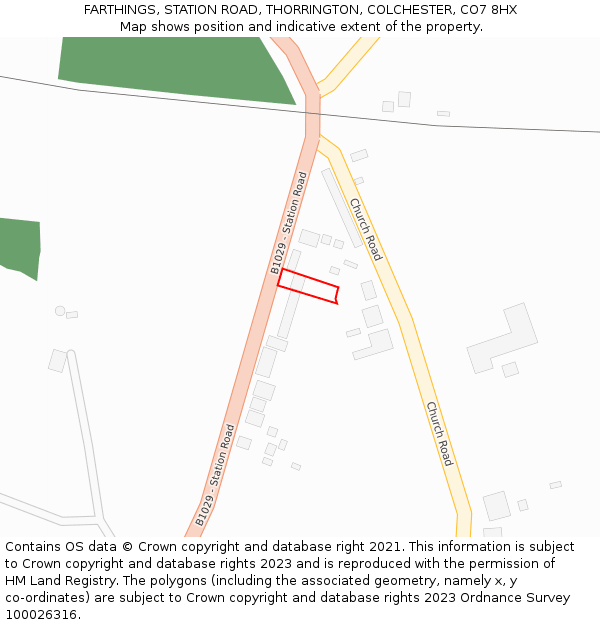 FARTHINGS, STATION ROAD, THORRINGTON, COLCHESTER, CO7 8HX: Location map and indicative extent of plot