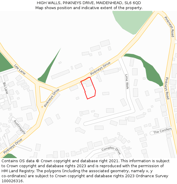 HIGH WALLS, PINKNEYS DRIVE, MAIDENHEAD, SL6 6QD: Location map and indicative extent of plot