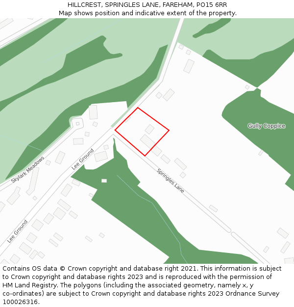 HILLCREST, SPRINGLES LANE, FAREHAM, PO15 6RR: Location map and indicative extent of plot