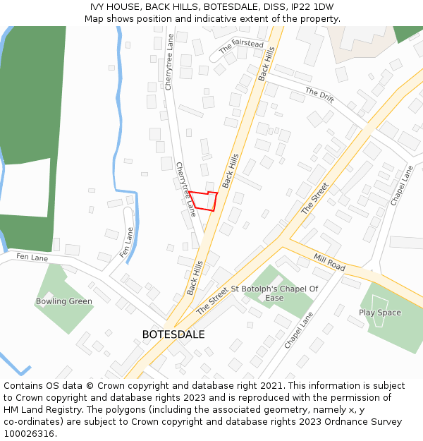 IVY HOUSE, BACK HILLS, BOTESDALE, DISS, IP22 1DW: Location map and indicative extent of plot