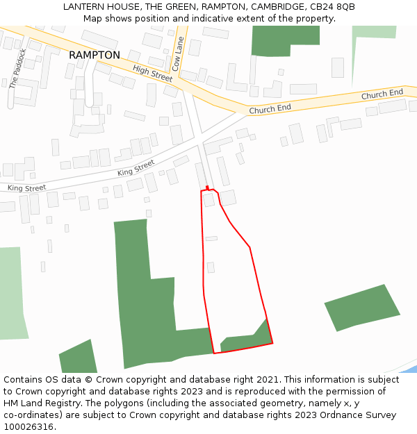 LANTERN HOUSE, THE GREEN, RAMPTON, CAMBRIDGE, CB24 8QB: Location map and indicative extent of plot