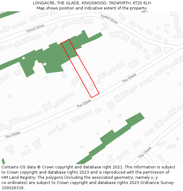 LONGACRE, THE GLADE, KINGSWOOD, TADWORTH, KT20 6LH: Location map and indicative extent of plot