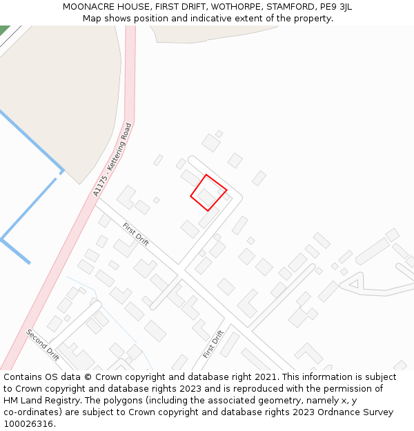 MOONACRE HOUSE, FIRST DRIFT, WOTHORPE, STAMFORD, PE9 3JL: Location map and indicative extent of plot