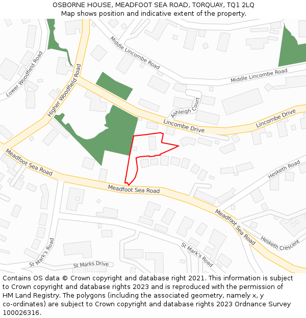 OSBORNE HOUSE, MEADFOOT SEA ROAD, TORQUAY, TQ1 2LQ: Location map and indicative extent of plot