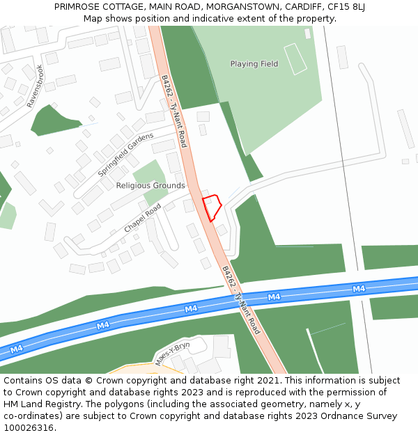 PRIMROSE COTTAGE, MAIN ROAD, MORGANSTOWN, CARDIFF, CF15 8LJ: Location map and indicative extent of plot