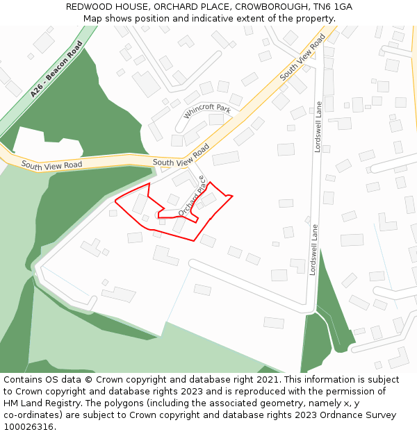 REDWOOD HOUSE, ORCHARD PLACE, CROWBOROUGH, TN6 1GA: Location map and indicative extent of plot