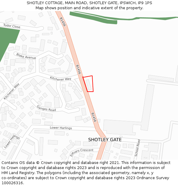 SHOTLEY COTTAGE, MAIN ROAD, SHOTLEY GATE, IPSWICH, IP9 1PS: Location map and indicative extent of plot