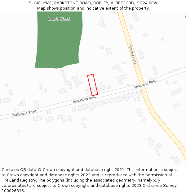 SUNCHYME, PARKSTONE ROAD, ROPLEY, ALRESFORD, SO24 0EW: Location map and indicative extent of plot