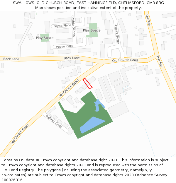 SWALLOWS, OLD CHURCH ROAD, EAST HANNINGFIELD, CHELMSFORD, CM3 8BG: Location map and indicative extent of plot