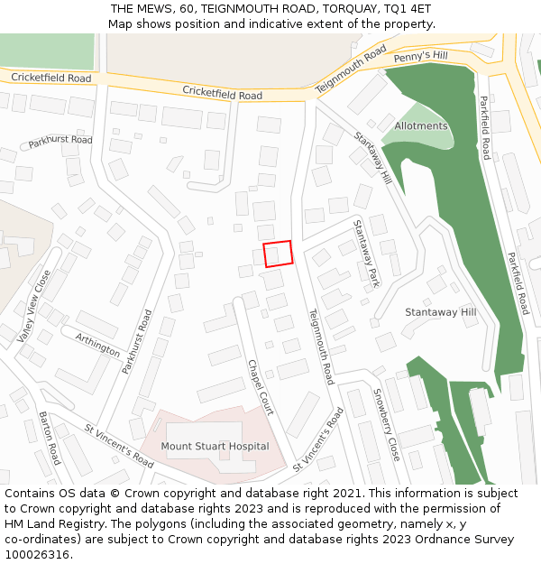 THE MEWS, 60, TEIGNMOUTH ROAD, TORQUAY, TQ1 4ET: Location map and indicative extent of plot