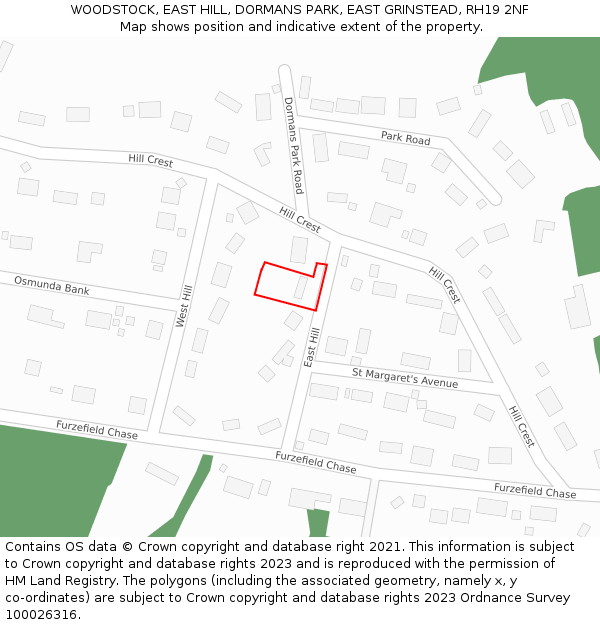 WOODSTOCK, EAST HILL, DORMANS PARK, EAST GRINSTEAD, RH19 2NF: Location map and indicative extent of plot