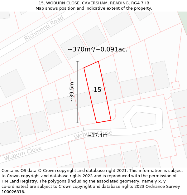 15, WOBURN CLOSE, CAVERSHAM, READING, RG4 7HB: Plot and title map