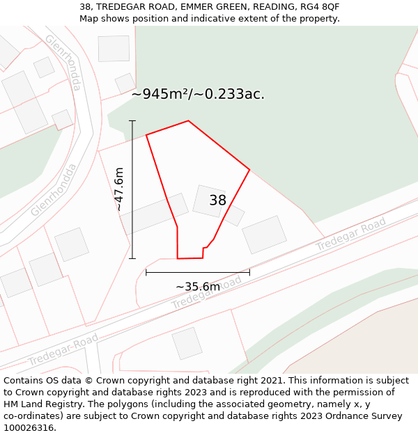 38, TREDEGAR ROAD, EMMER GREEN, READING, RG4 8QF: Plot and title map