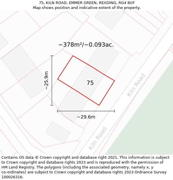 75, KILN ROAD, EMMER GREEN, READING, RG4 8UF: Plot and title map