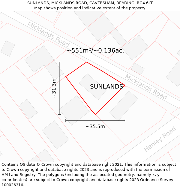 SUNLANDS, MICKLANDS ROAD, CAVERSHAM, READING, RG4 6LT: Plot and title map