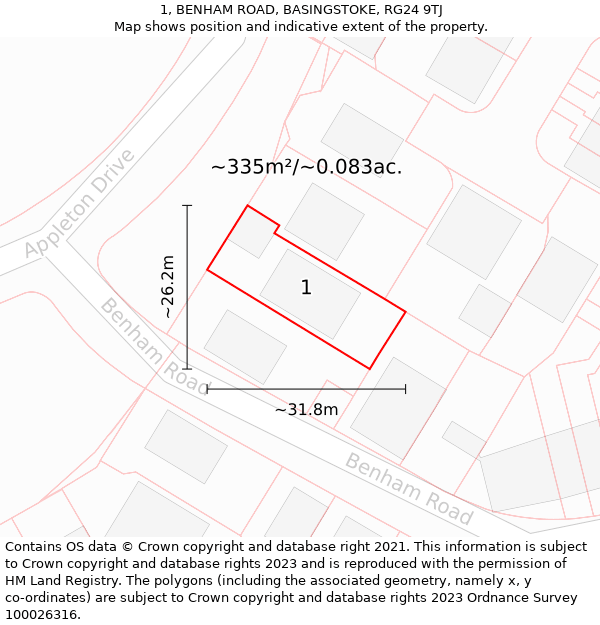 1, BENHAM ROAD, BASINGSTOKE, RG24 9TJ: Plot and title map