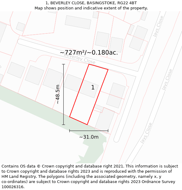 1, BEVERLEY CLOSE, BASINGSTOKE, RG22 4BT: Plot and title map