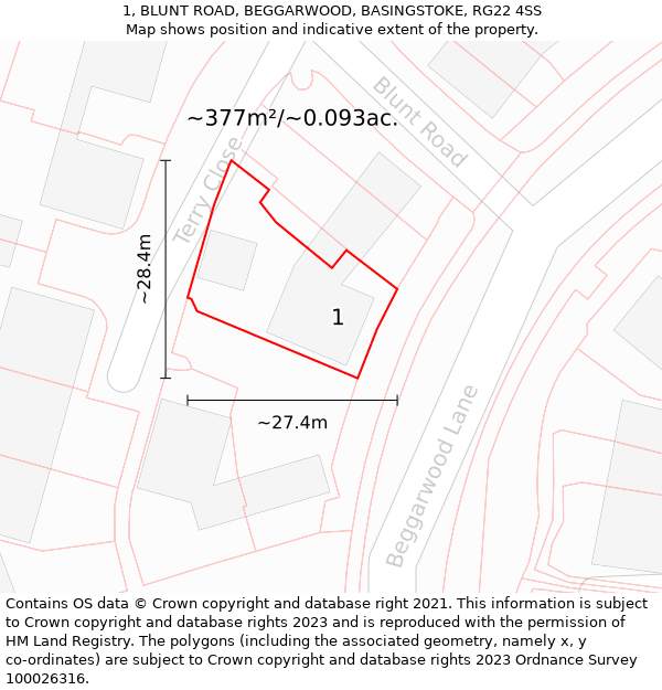 1, BLUNT ROAD, BEGGARWOOD, BASINGSTOKE, RG22 4SS: Plot and title map