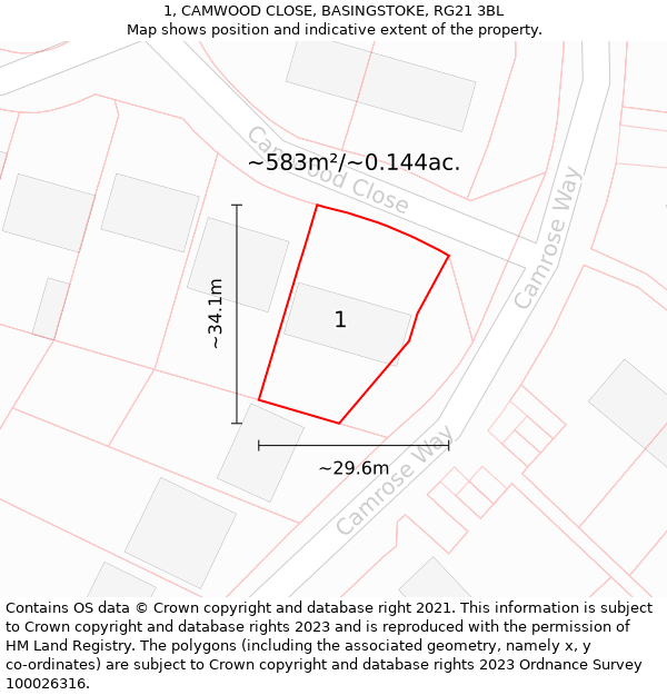 1, CAMWOOD CLOSE, BASINGSTOKE, RG21 3BL: Plot and title map