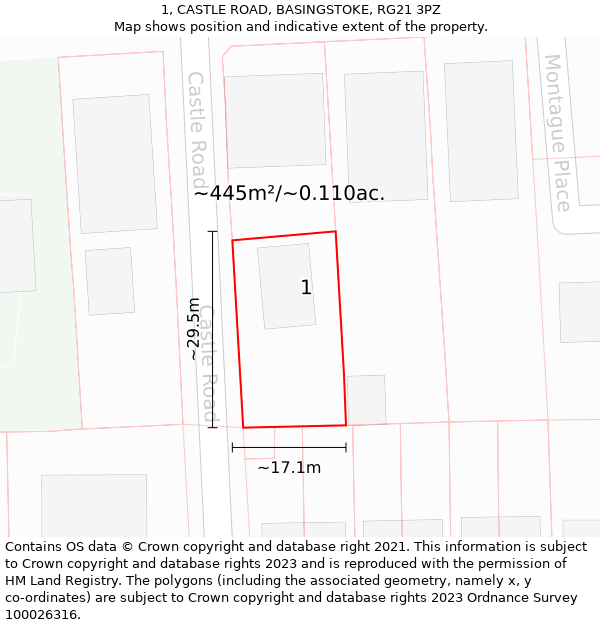 1, CASTLE ROAD, BASINGSTOKE, RG21 3PZ: Plot and title map