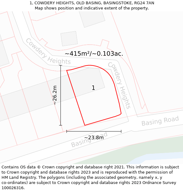 1, COWDERY HEIGHTS, OLD BASING, BASINGSTOKE, RG24 7AN: Plot and title map