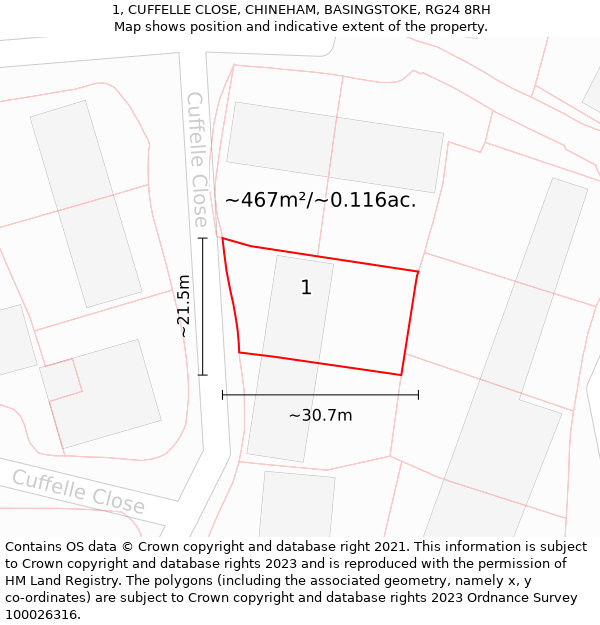 1, CUFFELLE CLOSE, CHINEHAM, BASINGSTOKE, RG24 8RH: Plot and title map