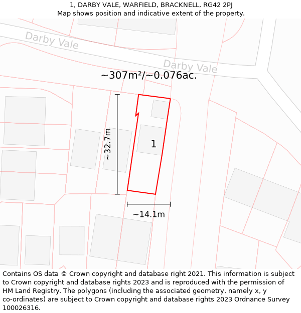 1, DARBY VALE, WARFIELD, BRACKNELL, RG42 2PJ: Plot and title map