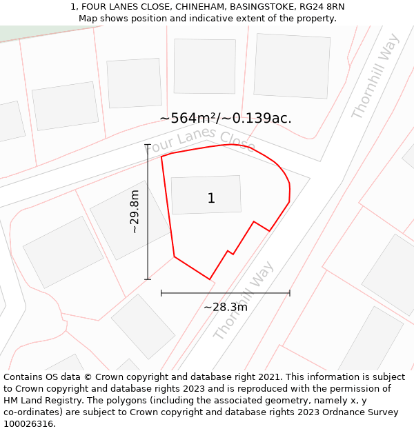 1, FOUR LANES CLOSE, CHINEHAM, BASINGSTOKE, RG24 8RN: Plot and title map